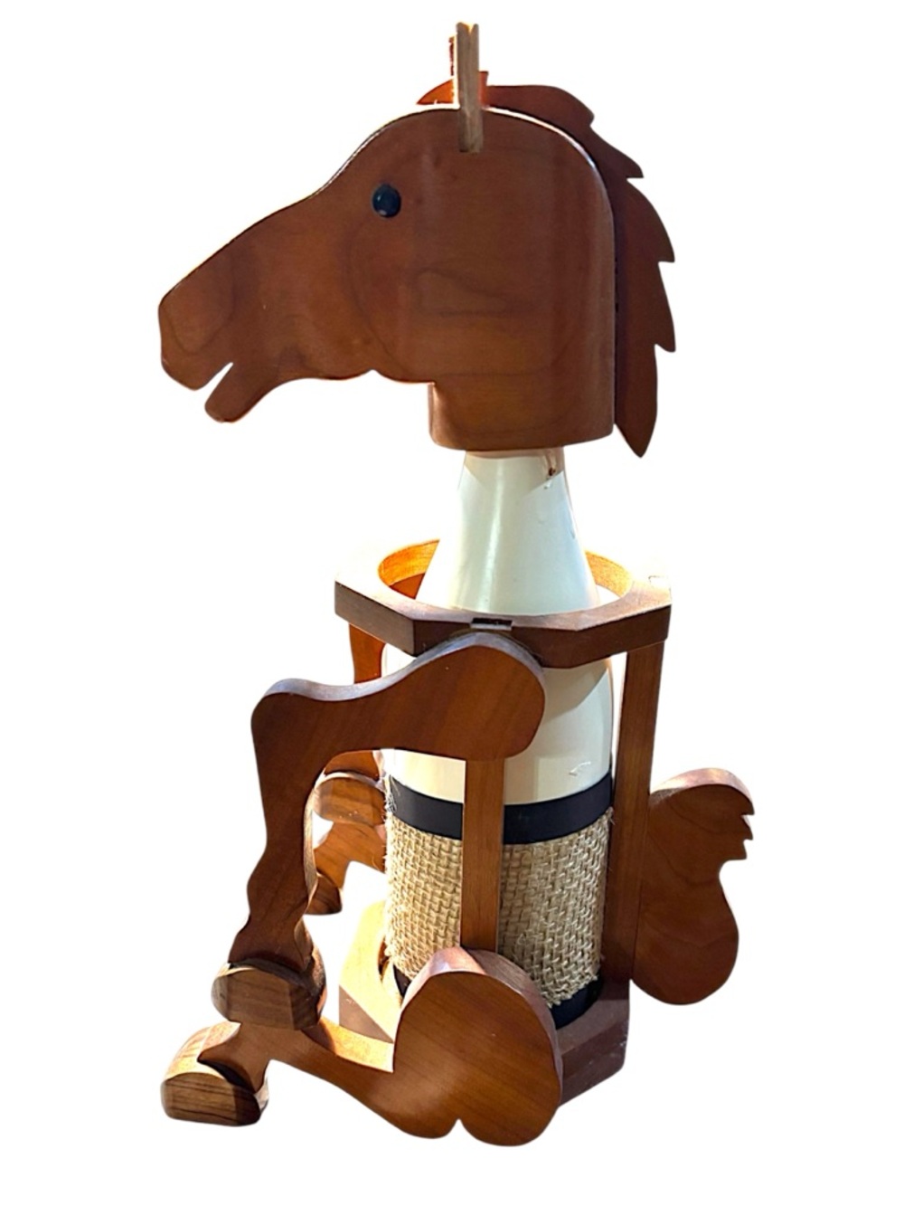 Wooden Horse Bottle Holder - Brown & White